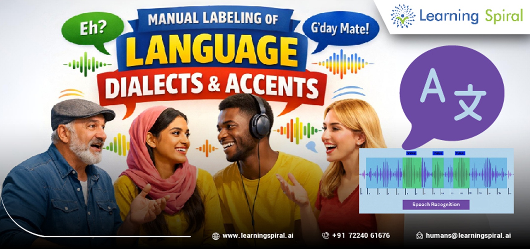 Illustration of manual labeling of language dialects and accents for enterprise AI datasets, showcasing Learning Spiral AI’s expert annotation workflow.