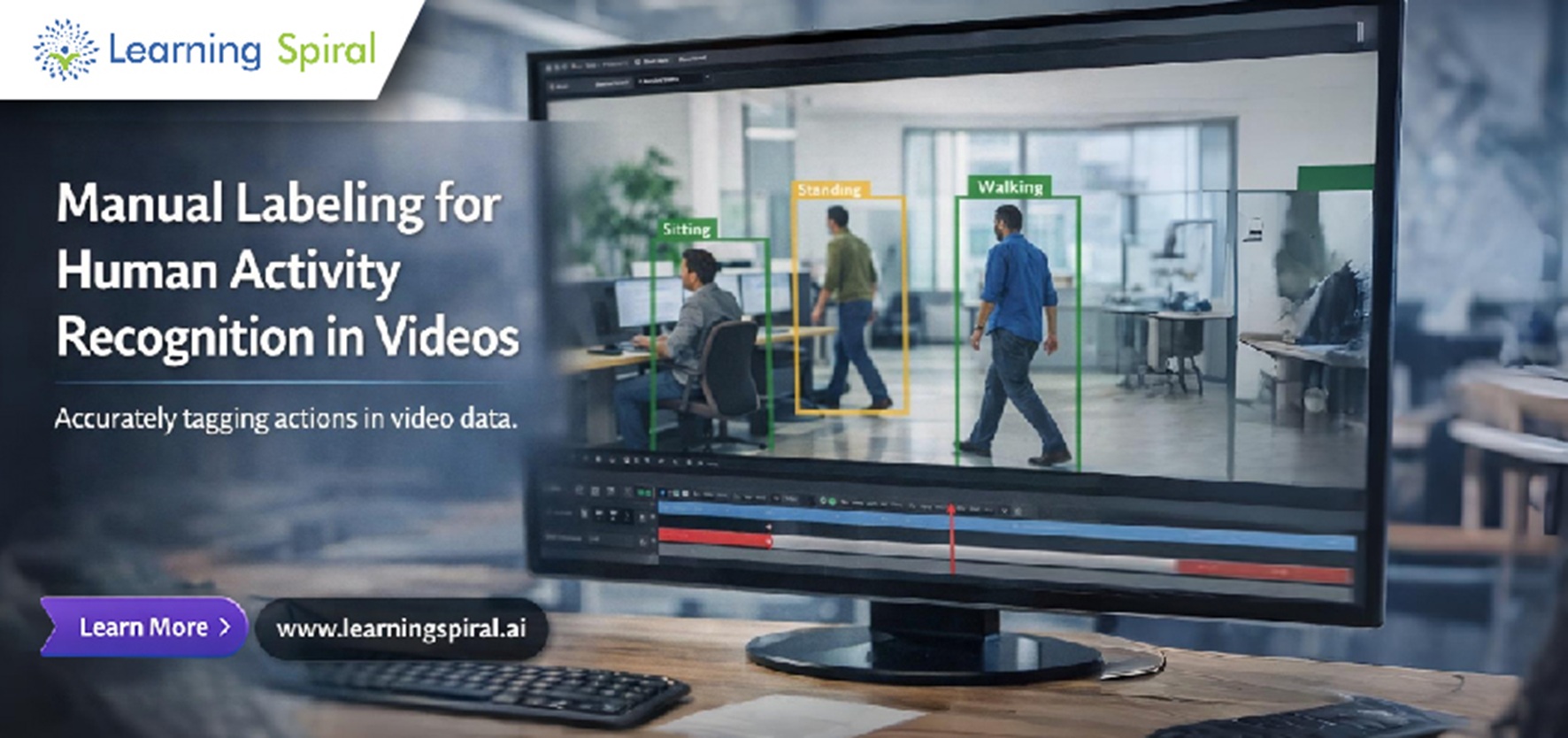 Learning Spiral ad showing people labeled with activities—sitting, standing, walking—for manual labeling of video data.