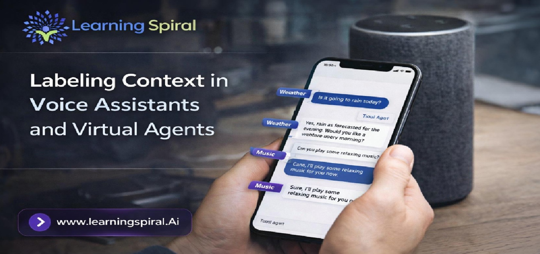 Informational banner about labeling context in voice assistants, featuring a phone with chat bubbles beside a smart speaker and Learning Spiral branding.