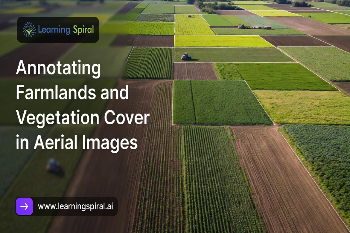 Aerial drone image showing farmland and vegetation cover annotation for AI training, powered by Learning Spiral AI data solutions.