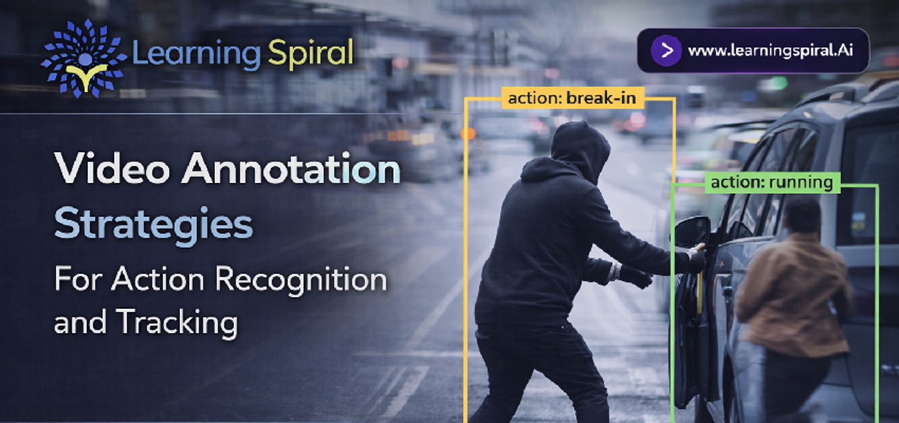 Professional illustration of video annotation for action recognition and object tracking using AI, showcasing Learning Spiral AI expertise in computer vision.