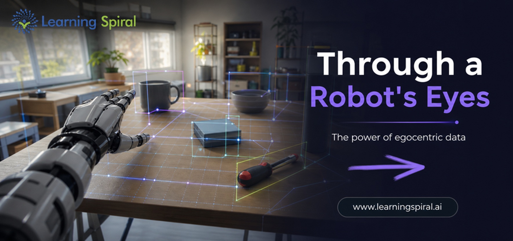 Robot equipped with a head-mounted camera capturing egocentric first-person data for AI training, annotated by Learning Spiral AI.