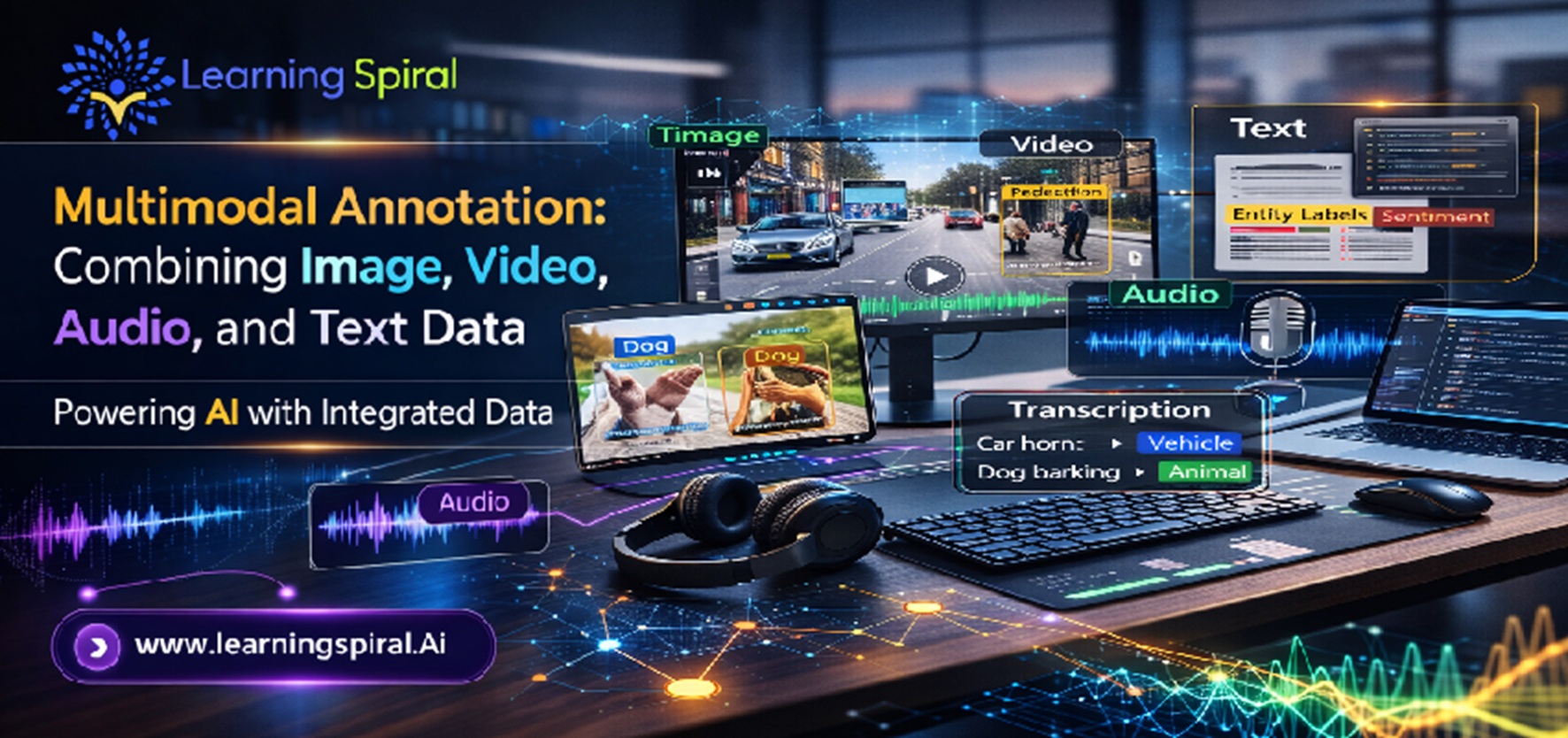 Multimodal data annotation combining image video audio and text for AI training